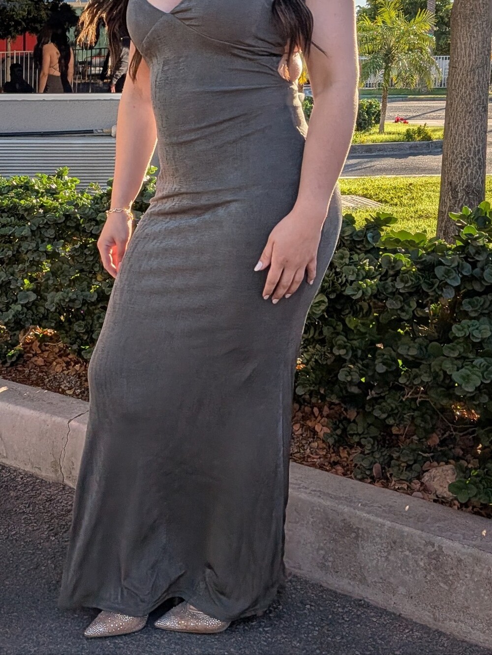 Windsor Olive Green V-Neck Satin Wedding Guest Dress